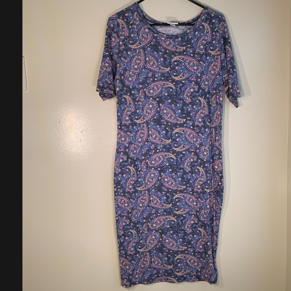 LulaRoe Julia Blue Gold Paisley Dress - Picture 2 of 5